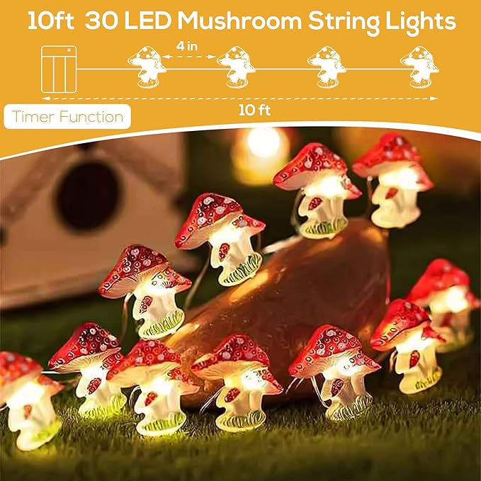 ITICdecor Mushroom Decor Cute Mushroom Fairy Lights with Timer 10FT 30LEDs Mushroom String Lights Gifts for Kids Room Decor Birthday Christmas Party Wedding Home Decoration