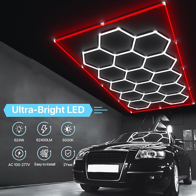 HYPERLITE Gen 2 Hexagon Garage Lights: 15 Grids with Border DIY Hexagon Led Lights, 6500K Ultra Bright, Easy Install Hex Light, Durable Design for Garage, Car Detailing, Workshops, Gym(Red)