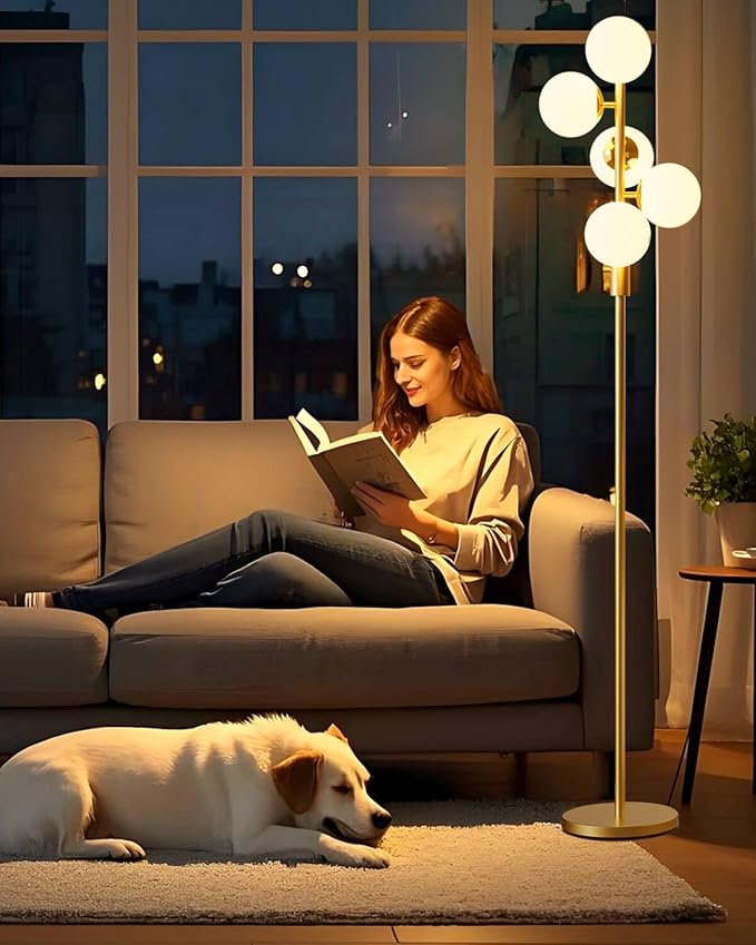 Lightdot Dimmable (Brightness Adjustable) Globe Floor Lamp, Gold Standing Lamps with 5PCS 3000K Bulbs Included, Mid Century Modern Floor Lamp for Living Room/Bedroom/Sofa Beside/Corner Decor