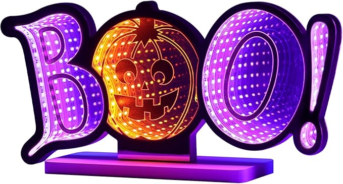 MEETYAMOR Halloween Decorations Indoor, BOO Pumpkin Infinity Mirror Tunnel Light for Halloween Decor, Night Lights with Endless Extension for Home Living Room Bedroom Mantel Table Centerpiece Lamp