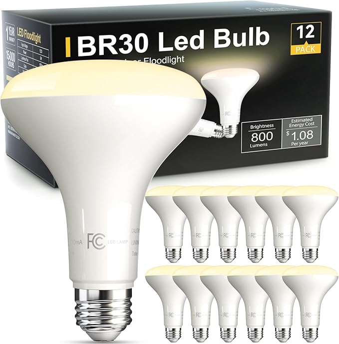VOLIVO LED Flood Light Bulb 12 Pack, Recessed Ceiling Bulb, BR30, 65W Equivalent Efficient 9W, Dimmable, E26 Base, Warm White 3000K, 800 Lumens, 80CRI, Ceiling Light for Kitchen, Living Room