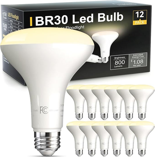 VOLIVO LED Flood Light Bulb 12 Pack, Recessed Ceiling Bulb, BR30, 65W Equivalent Efficient 9W, Dimmable, E26 Base, Warm White 3000K, 800 Lumens, 80CRI, Ceiling Light for Kitchen, Living Room