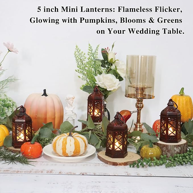 LLQ 8Pack Mini Lantern Decorative for Ramadan & Wedding, Small Vintage Moroccan Lantern with Flickering LED Candle for Halloween Table Centerpieces, Enchanted Forest Medieval Decor, Hanging Ornament