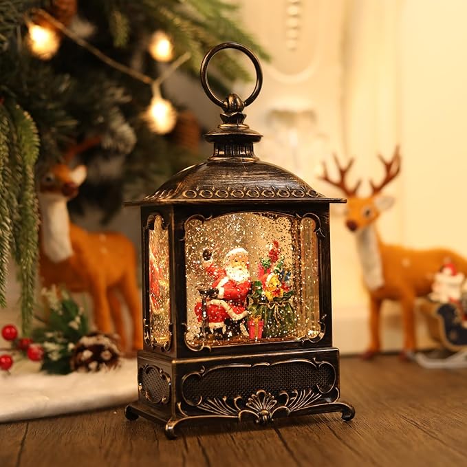 Christmas Snow Globe Lantern Santa Claus Decorations, Music Glitter Lanterns with 6h Timer, 3 AA Battery Operated & USB Powered, Santa Claus Snow Globe Lantern for Christmas Home Decoration and Gift