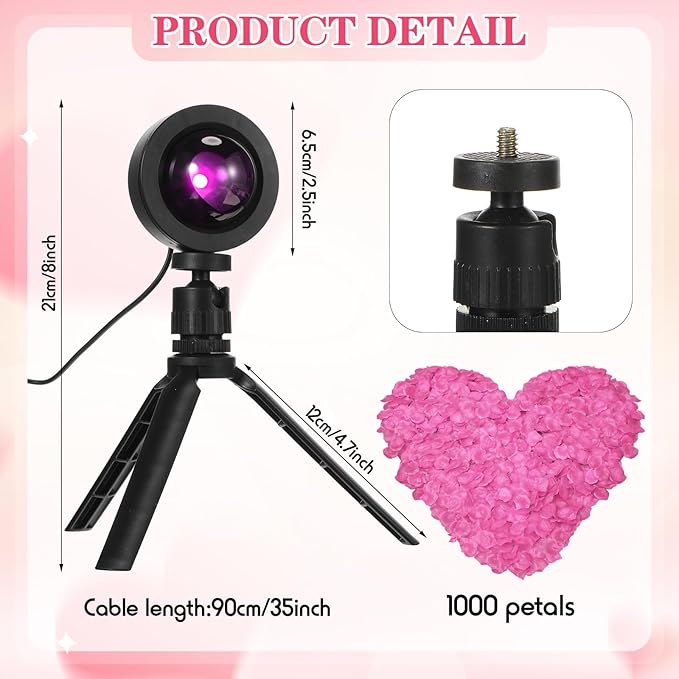 Heart Shaped Projection Lamp with 1000 Rose Petals Valentine's Day Sign Novelty Indoor Lamps USB Powered Romantic Night Light for Him Room Decorations Marry Me Proposal Weddings (Pink)