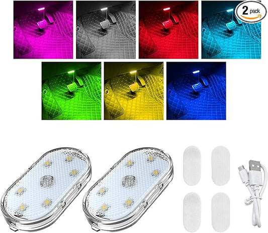 2 PCS Car LED Lights Interior Wireless, Sticky Car Ambient Lighting with 6 Bright LED Lamp Beads, Portable USB Rechargeable Vehicle Interior Led Night Light for Car (Colorful)