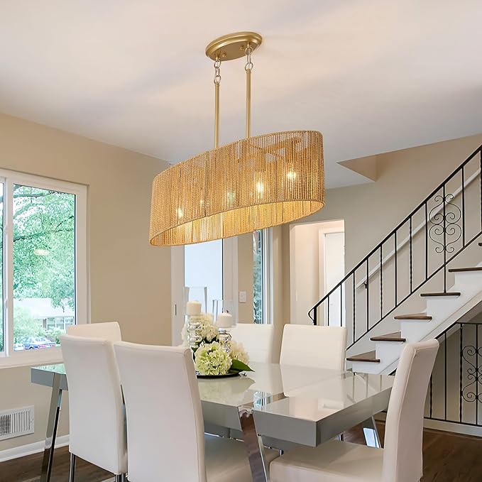 Dining Room Light Fixture 5 Light Rattan Kitchen Island Lighting with Adjustable Gold Boho Chandelier Farmhouse Hanging Pendant Light for Living Room Bar Restaurant