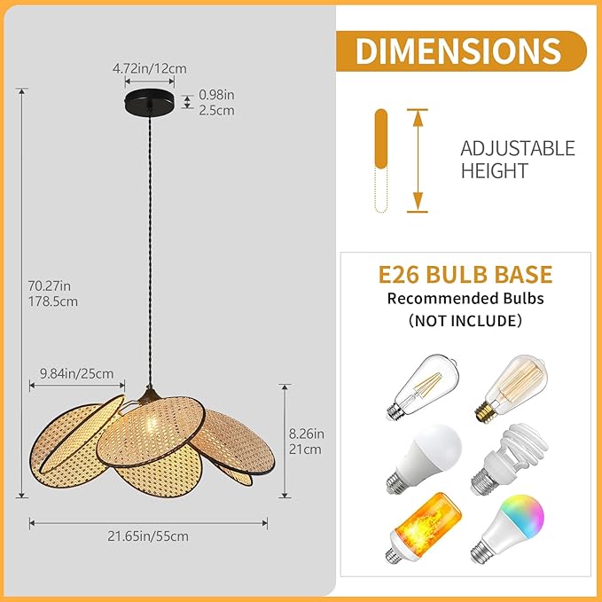 Boho Chandelier, Hemp Rope Pendant Light Hand-Woven Rattan Hanging Lamp Wicker Pendant Lighting Fixture for Dining Living Room Island Kitchen Bedroom