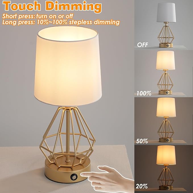 Gold Cordless Lamp Set of 2,Touch Stepless Dimming,8000mAh Rechargeable Battery Table Lamp,Gold Cage Frame Wireless Lamp,White Lampshade,14.7inches Tall