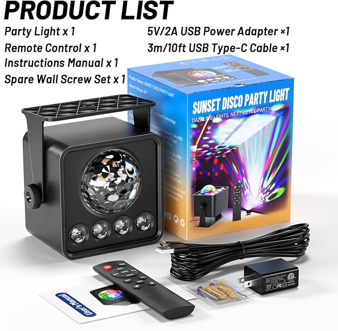 OIEZISRO Disco Ball Party Lights Disco Light Sunset Lamp Projector with RGB+UV+White+YGB Sound Activated LED DJ Strobe Stage Light for Home Parties Living Room/Christmas/Halloween/Birthday/Wall/Decor