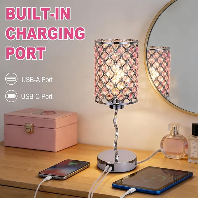 Crystal Table Lamp with 3 Way Dimmable Touch Control, Nightstand with USB A+C Ports, Modern Bedside Touch Lamp for Bedroom, Living Room, Office Reading, Pink
