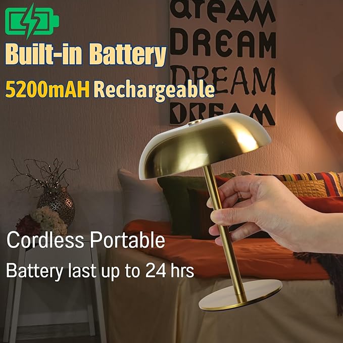 Portable LED Mushroom Table Lamp, 8.46'' Small Cordless Desk Night Light with 5200mAh Rechargeable Battery, Stepless Dimming Lamp with 3 Colors for Bedroom/Bar/Coffee Shop (Gold)