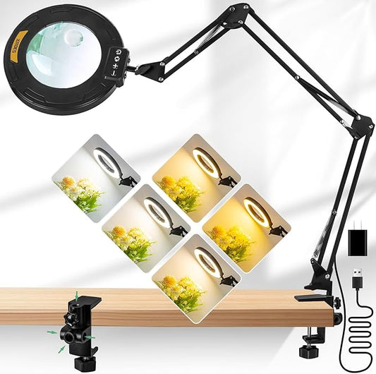 12X & 30X Magnifying Glass with Light, Ultra Long 3 Section Swing Arm LED Desk Lamp with Large Clamp, 5 Color and Brightness Hands Free Magnifier Light and Stand for Workbench Crafts Soldering