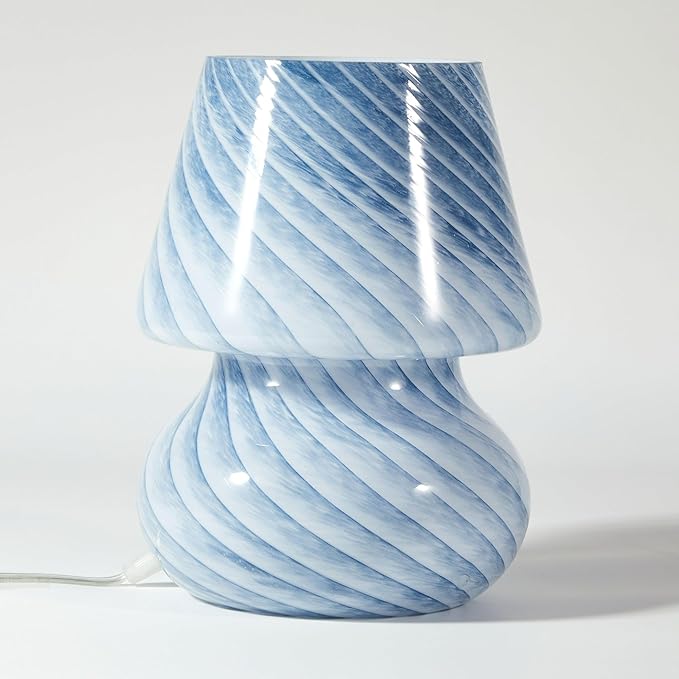 Urban Lifestyle 10" Blue Stripe Glass Mushroom Lamp, Modern Retro Table Lamp for Bedroom, Living Room, or Office Décor