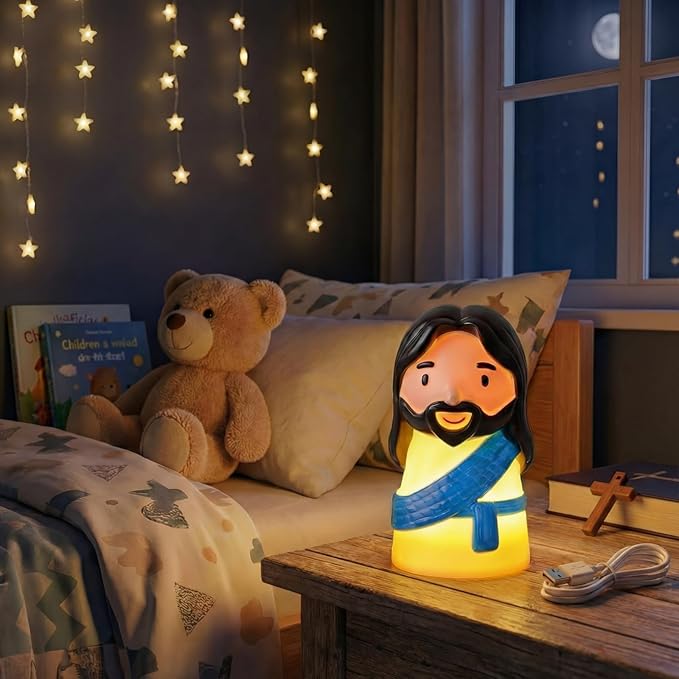 Cute Jesus Night Light, Jesus Gift, Dimmable PVC Christian Lamp, USB Rechargeable Touch Bedside Light, Baptism Favor, Easter & Religious Gifts (3 x 5 Inch)(Blue)