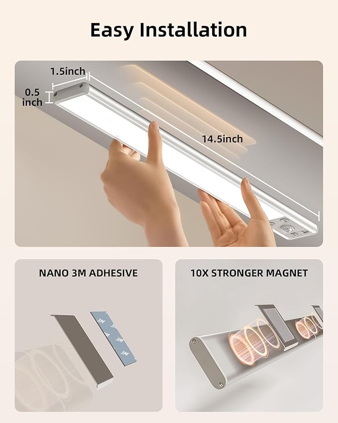 EZVALO 134 LED Under Cabinet Lights, 3200mAh Rechargeable Motion Sensor Light Indoor, Dimmable Magnetic Closet Lights with 3 Color Temps, Wireless Under Counter Lights for Kitchen, Stair (2 Pack)