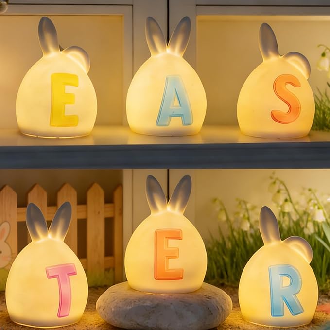 NEROSUN 6 Pack Easter Lettered Bunny Decorations, Ceramic Lighted White Rabbit Figurines Ornaments, Table Centerpiece for Easter Party, Spring Home Decor and Shelf Display