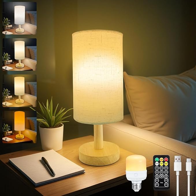 Remote Control Bedside Table Lamp with Wireless Charger & USB A/C Ports, 3 Color Dimmable Nightstand Lamp for Bedroom, Living Room, Office