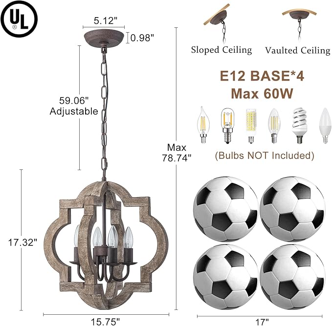 15.75" Oak Farmhouse Chandeliers for Dining Room Distressed Wood Pendant Light Fixture 4-Light Rustic Ceiling Hanging Light for Kitchen Island Bedroom Hallway Entryway Foyer E12*4