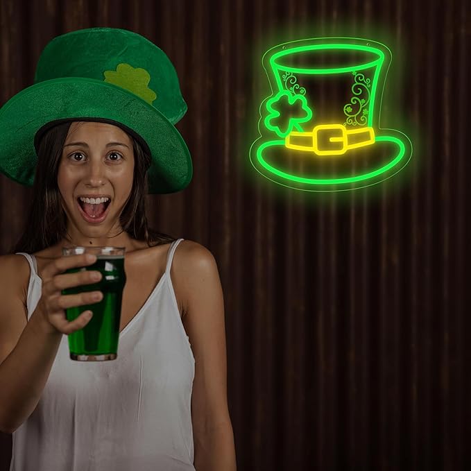 MissAudrey St. Patrick's Day Hat Neon Sign for Wall Decor, Decorations Hat Neon Signs Green Acrylic St. PatrickDay Art Wall Decor, 5V USB Powered Neon Sign Hanging for Window Wall Table Bedroom Man Cave Bar Pub Club Party