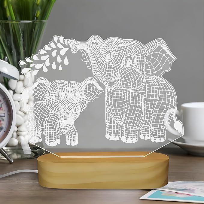 Elephant Shape 3D Crystal Acrylic Light with Wood Stand, LED Night Light for Kids Room Decor, Gift for Mom on Birthday or Holiday, Home Decor Art Display