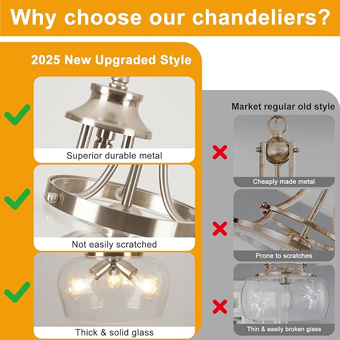 14.2" Modern Pendant Lights Kitchen Island, 3-Light Brushed Nicke Pendant Light Fixtures with Clear Glass Shade, Industrial Hanging Pendant Lights Fixture for Kitchen Island, Dining Room, Entryway