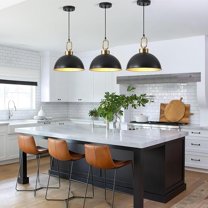 12.2 Inch Matte Black Pendant Lights Kitchen Island, Farmhose Kitchen Island Lighting, Adjustable Height Modern Dome Pendant Light Fixture for Dining Living Room Bar 2 Pack