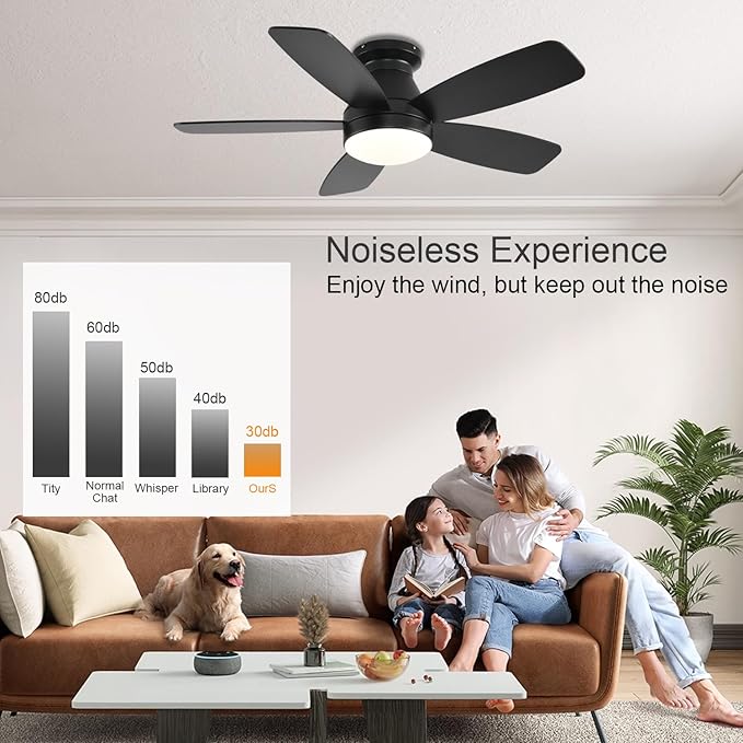 Ceiling Fans with Lights, 42 Inch Low Profile Ceiling Fan with Light and Remote/App Control, Flush Mount, Reversible, 3CCT, Dimmable, Noiseless, Black Ceiling Fan for Indoor/Outdoor Use