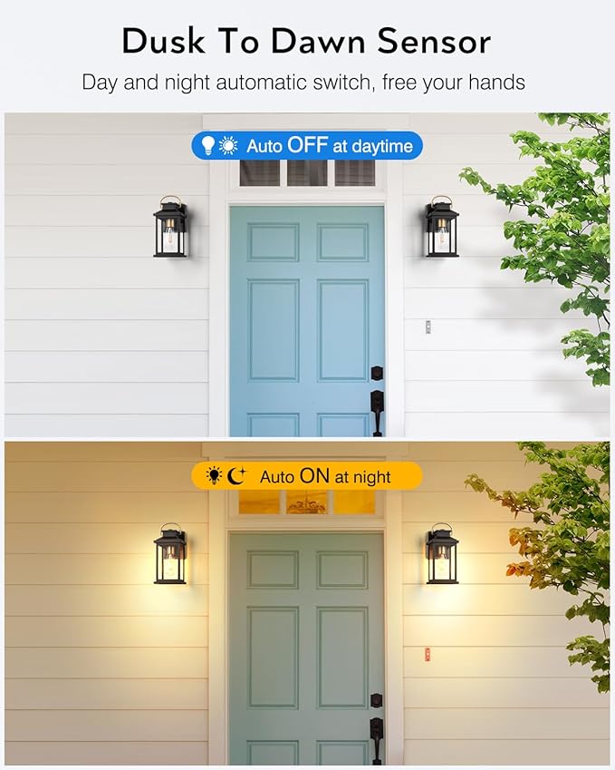VIANIS Outdoor Wall Light Dusk to Dawn Sensor, Black Gold Accents Exterior Lighting Fixtures Wall Mount Sconce for House, Modern Porch Lights Outdoor Lantern for Patio, Outside Lights for Garage Coach
