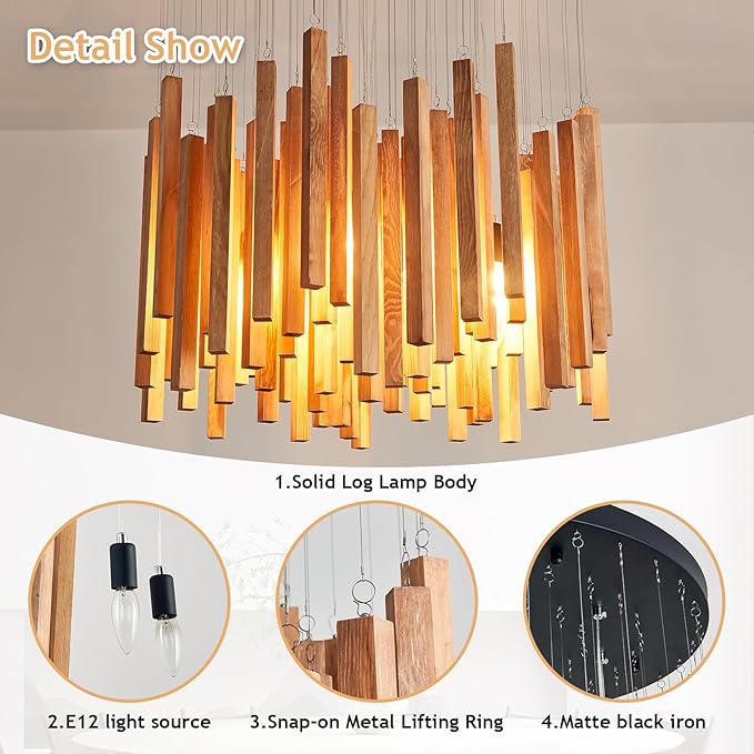8 Light Farmhouse Wood High Ceiling Chandelier Rustic Large Ceiling Light Fixture Hanging Pendat Light for Dining Room Living Room Foyer Staircases Kitchen Island.