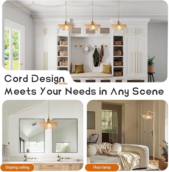 2 Pack Pendant Lights 15ft Hanging Light with Plug in Cord Mid Century Modern Pendant Light Fixtures Hand Blown Amber Glass Pendant Light Plug in Hanging lamp for Kitchen Living Dining Room