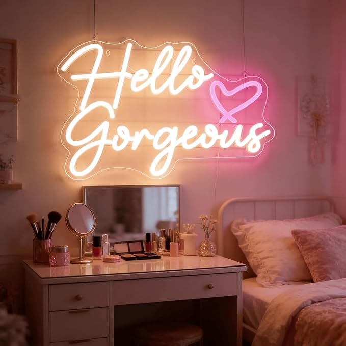 Hello Gorgeous Neon Light for Wall Decor, Pink USB Powered LED Sign with Dimmable Switch, Neon Sign for Home, Wedding, Birthday Backdrop, Party (Warm White02)