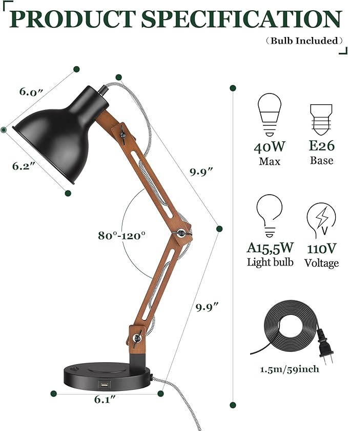 ELYONA Modern LED Desk Lamp with Upgraded Wireless Charger & USB C Charging Port Sapele Wood Table Lamp Swing Arm Bedside Reading Task Light for Dorm Office Bedroom Living Room Bulb Included Black