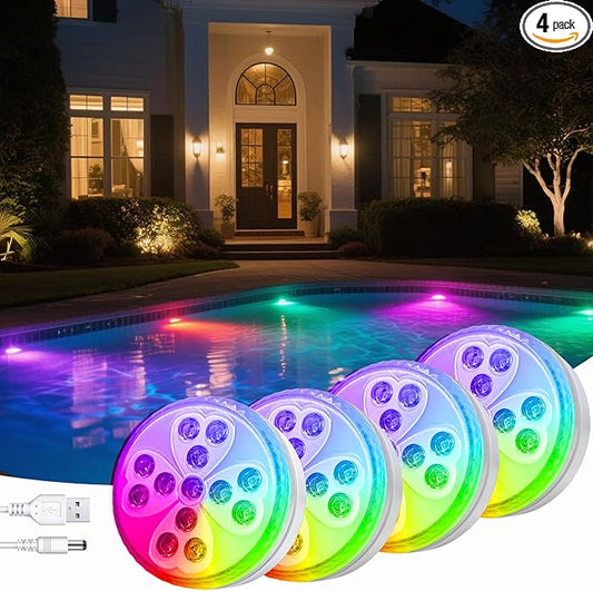 Wireless Pool Lights, Rechargeable Submersible LED Light with 10 Colors & 4 Modes, IP68 Waterproof Underwater Lights for Inground Pools, Above Ground Pools, Parties, Pond, Outdoor Lighting Decor