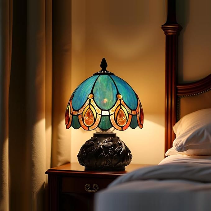 Small Tiffany Mushroom Table Lamp,Mini Memory Sympathy Antique lamp 8X11 Inch (Peacock Crystal)