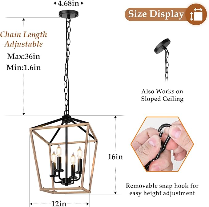 Farmhouse Chandelier 4-Light, Oak Wood Pendant Light Fixture for Kitchen Island Dining Room, Lantern Industrial Lighting Ceiling Hanging with Metal Cage Adjustable Height for Entryway Foyer