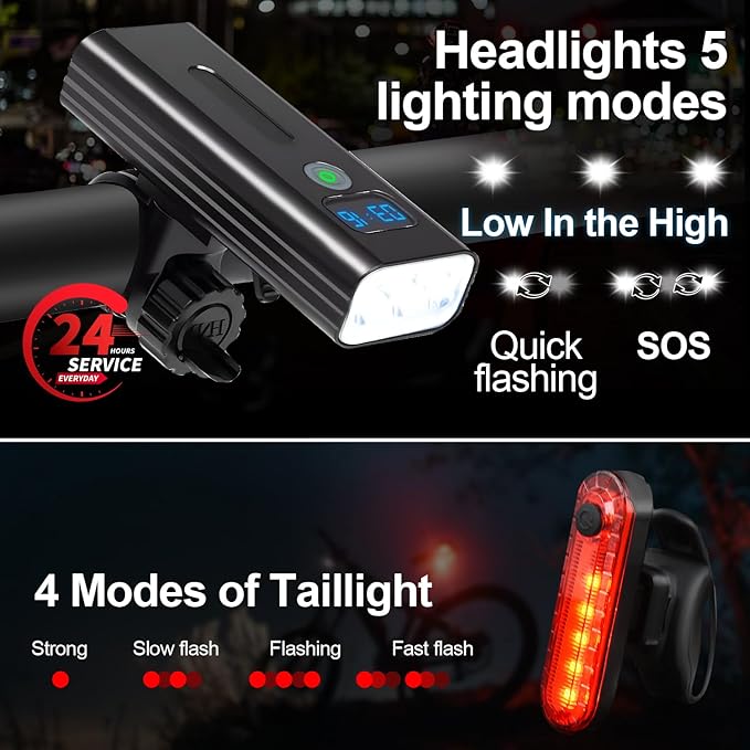 3000 Lumens Multifunctional Bike Light Set,5200 mAh Bike Light Rechargeable,Front Bike Light for Night Riding,Two LED Digital Display Design,IPX5 Waterproof,5+4 Modes Mountain Bike Lights