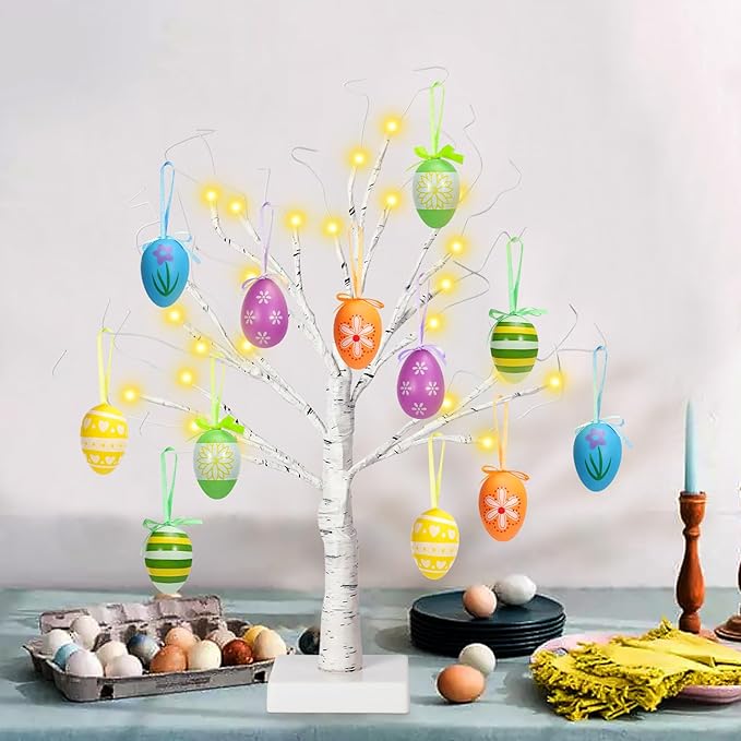 24" Easter Lighted Birch Tree with 12pcs Ornaments,Warm White LEDs Birch Tree Light Tabletop Artificial Tree 8 Lighting Modes USB or Batteries Operated with Timer for Easter Decor
