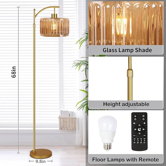 Glass Floor Lamp for Living Room,Bedroom,Gold Mid Century Modern Standing Lamp with Remote,Dimmable Brass Tall Lamp Amber Flower Lamp Vintage Floor Lamps Arc Floor Light Boho Bohemian