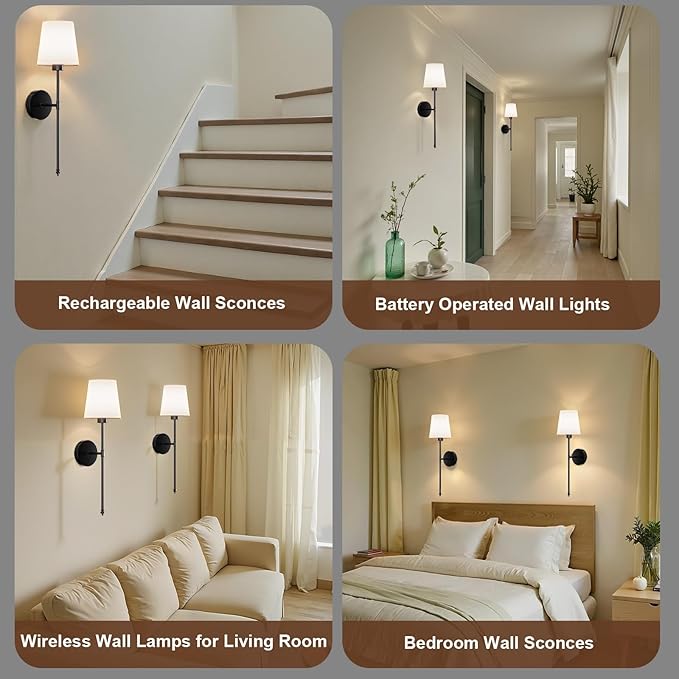 Wall Sconces Battery Operated Set of 2, Rechargeable Wall Sconce, 10 Colors Wireless Wall Sconces Set of Two, 5200mAh Dimmable Bulbs and Remote, for Bedroom Living Room, Hallway Decor (Black- 24 inch)