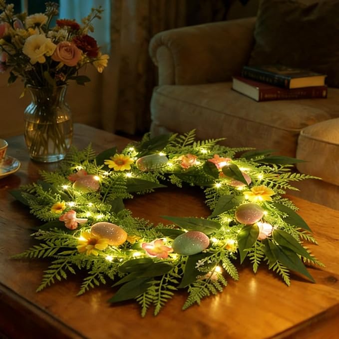 20 Inchs Easter Wreath for Front Door, Decor with Easter Eggs, Flowers & Leaves, Come with Hanger/Hook, 50LED Lights, Timer, for Outdoor Indoor Wall Window, for Spring Summer Hoilday, Gift