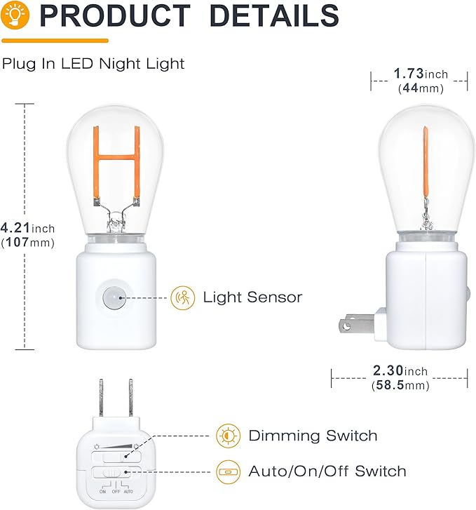 Motion Sensor Night Light, Night Lights Plug into Wall,H-Type 2200K Amber Dimmable LED Motion Activated Nightlight for Bathroom Hallway Decor, 1-Pack