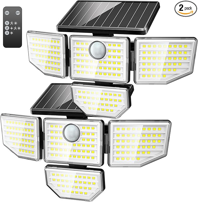 3000LM Outdoor Solar Light - Upgrade 4 Heads 188 LED Solar Motion Sensor Outdoor Lights, IP65 Waterproof Powered Light for Home Darkroom Backyard, 2 Pack
