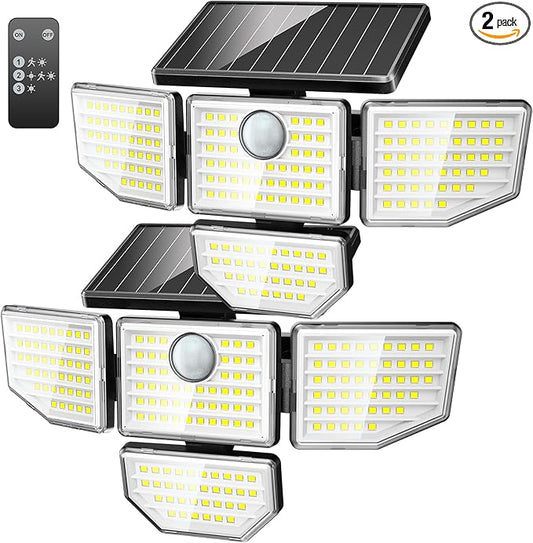 3000LM Outdoor Solar Light - Upgrade 4 Heads 188 LED Solar Motion Sensor Outdoor Lights, IP65 Waterproof Powered Light for Home Darkroom Backyard, 2 Pack