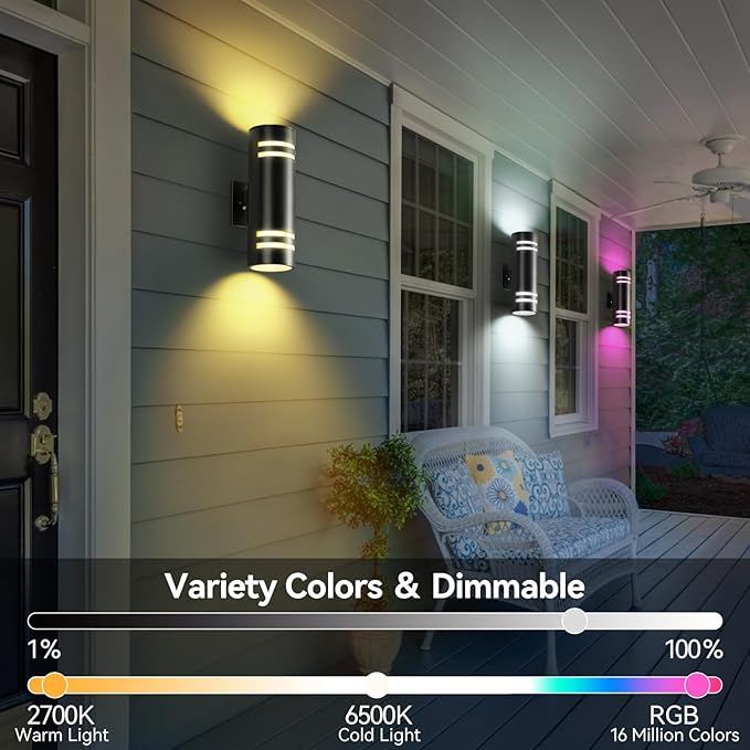 Smart Outdoor Wall Lights 2 Pack, Cylinder Black Exterior Lighting Fixtures Dusk to Dawn Outdoor Lighting, Aluminum Color Changing Porch Lights, Ambiance Sconce Control with App and Voice