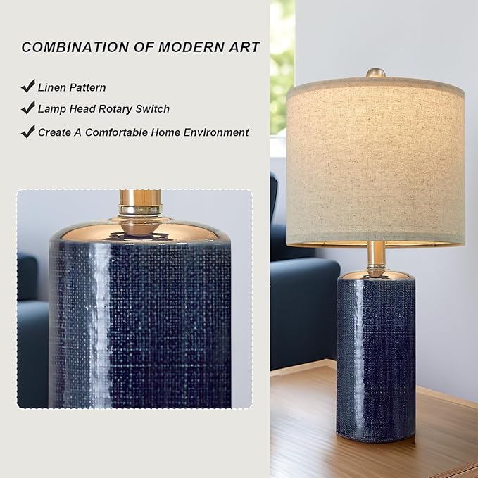 20.25" Small Table Lamps Set of 2 Modern Ceramic Lamps for Living Room Farmhouse Bedside Lamps Boho for Night Stands Bedroom Lamps Side Table Lamps End Table Lamps, Blue