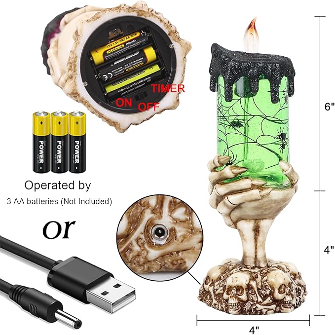 DRomance Halloween Snow Globe Flameless Candle with Timer, Battery Operated Tornado Lamp Skeleton Hand Candle Holder Green Light Glittering Spinning Water Halloween Table Decor(Spider, 4" x 10")