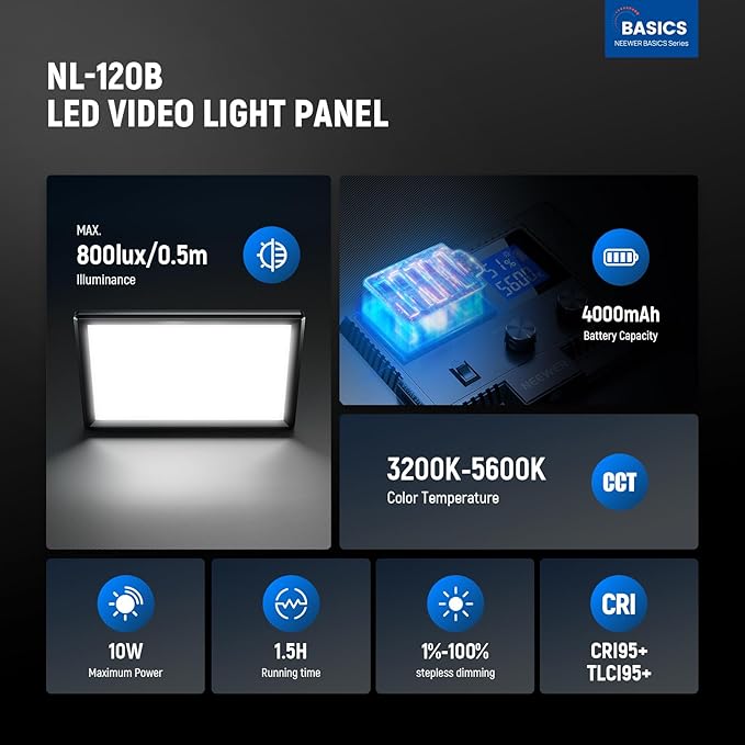 NEEWER Basics 9" LED Video Light Panel, 3200-5600K Edge Lit Dimmable Camera Soft Key Lighting, CRI95+ 800Lux 4000mAh Rechargeable for Video Recording Streaming Selfie Vlog Studio Photography, NL-120B