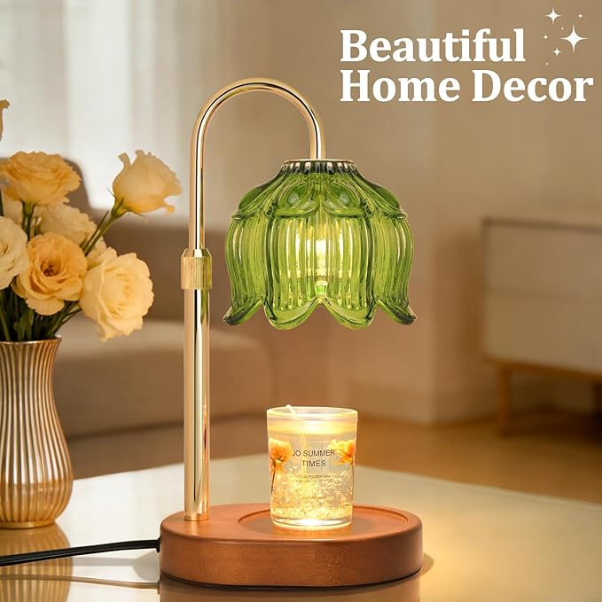 Candle Warmer lamp with Timer Dimmer,Electric Candle Warmer, Vintage Flower Lotus lamp,Compatible with Various Candles, Gifts for Mom Women,Candle Lamp for Bedroom Home Decor (Flower lamp-Green)