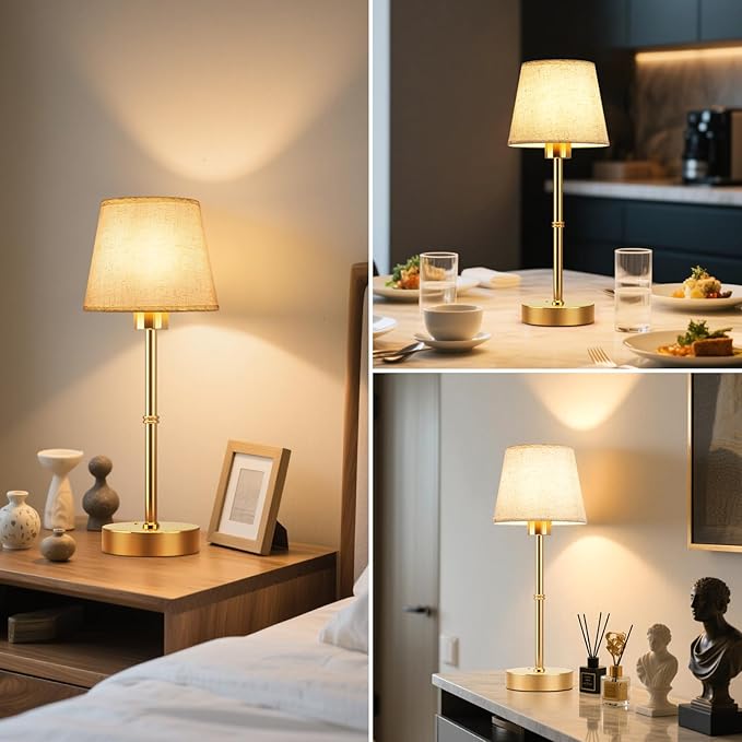 FRIDEKO HOME Rechargeable Table Lamp Gold - Cordless Battery Operated Lamp, Fabric Shade Desk Lamp, Wireless Lamp for Decor Bedroom Dining Table Counter (1pcs-Linen-Bulb Included-15.7in)